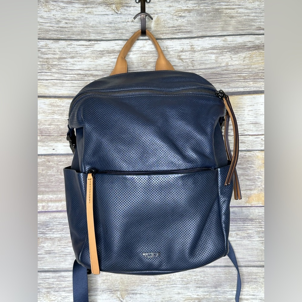 Tumi Navy Perforated Leather Backpack with Tan Handles